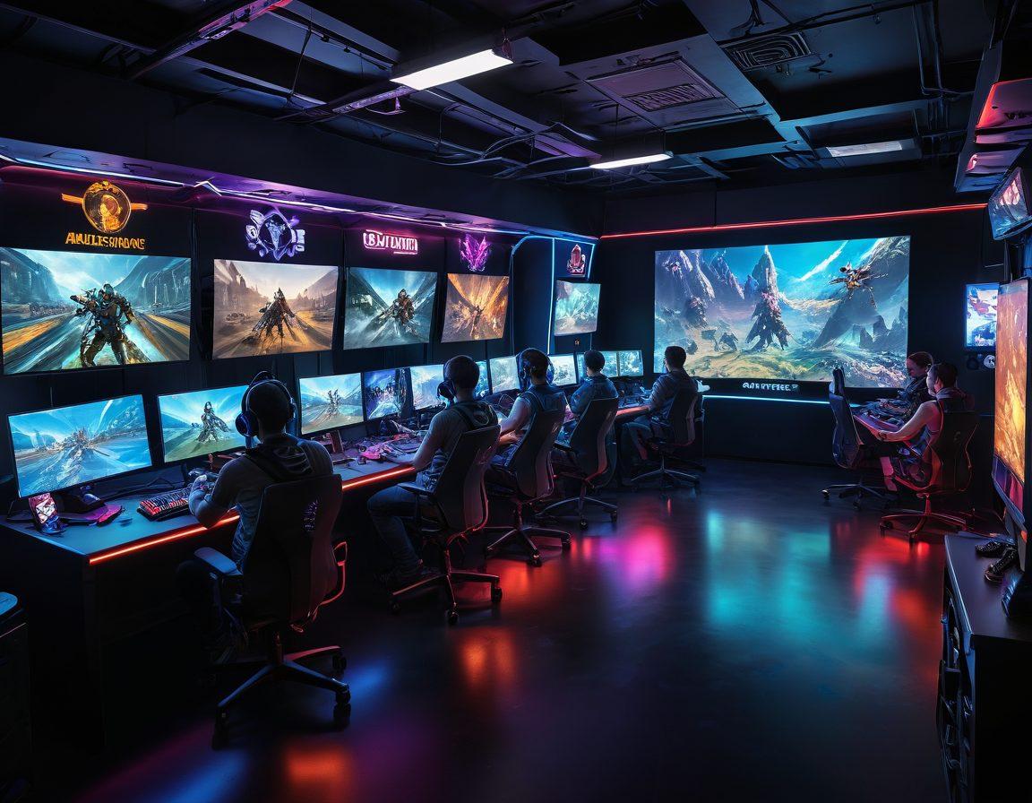 An immersive digital landscape showcasing a diverse group of gamers engaged in various gaming activities, with vivid gaming paraphernalia, bright screens, and strategic maps scattered around. Include elements symbolizing different gaming genres like RPG, FPS, and strategy games. The atmosphere should evoke excitement and challenges, inviting gamers to explore strategies and tips. futuristic style. vibrant colors. dynamic composition.