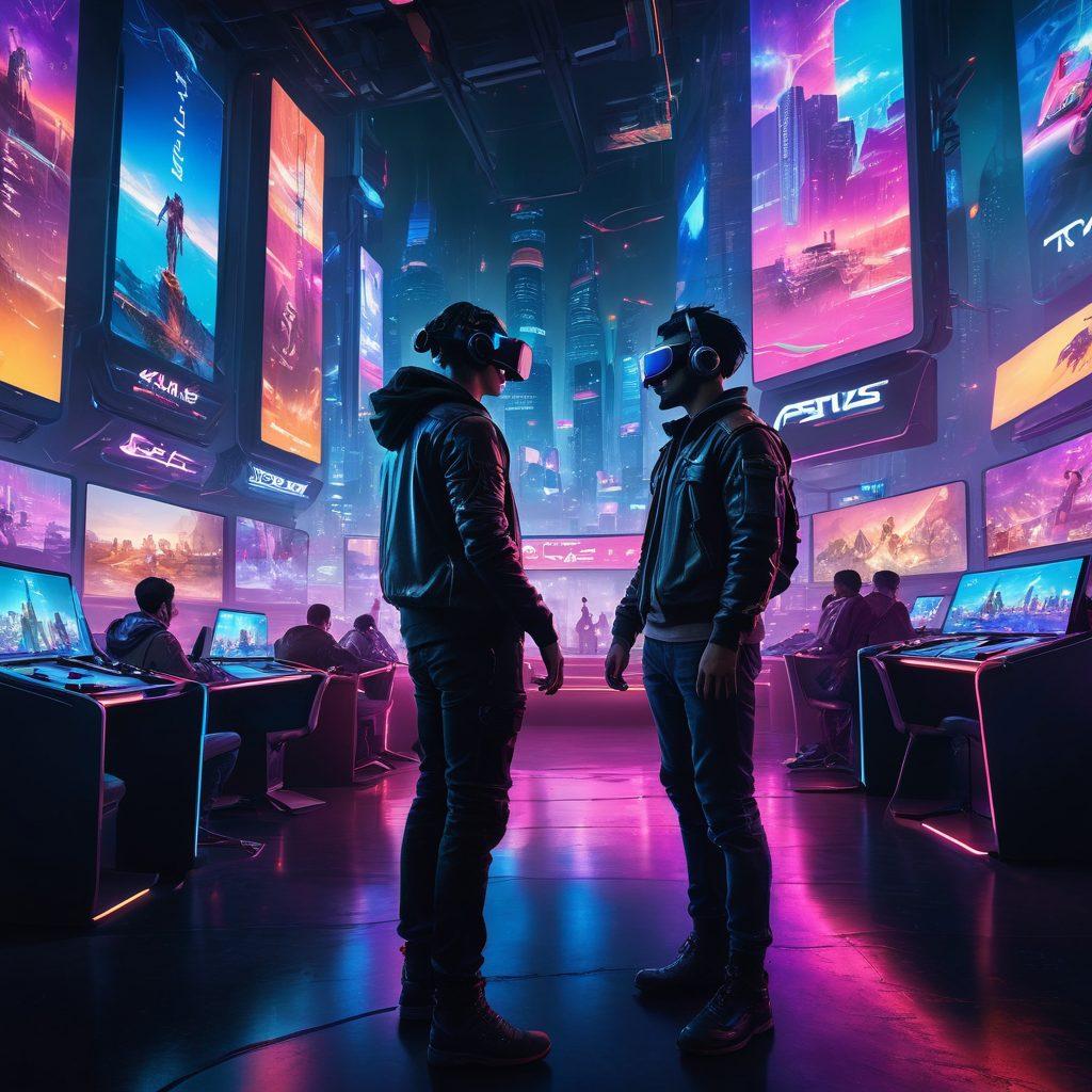 A futuristic gaming landscape showcasing a diverse group of gamers immersed in virtual reality, surrounded by holographic displays of trending games and breaking news headlines. Include dynamic elements like neon lights, gaming consoles, and excitement in their expressions, symbolizing the rush of staying updated. The background should be a vibrant city skyline at dusk, representing the fast-paced world of gaming. cyberpunk. vibrant colors.