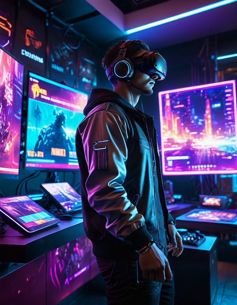 A dynamic scene of a gamer immersed in a colorful, futuristic gaming environment, surrounded by glowing screens displaying popular game characters and strategies. Include elements like a virtual reality headset, a controller in hand, and vibrant energy swirling around, symbolizing the thrill of interactive entertainment. Elements of game reviews and news articles can be lightly integrated in the background. cyberpunk. vibrant colors. super-realistic.